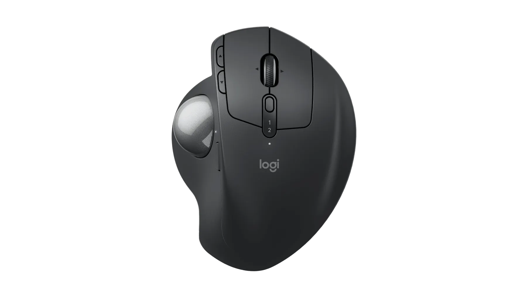 Logitech MX Ergo Plus Advanced Wireless Trackball Mouse with an extra wedge, in black color.