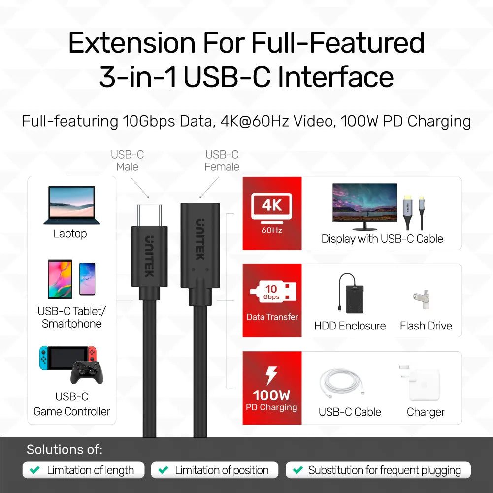 Unitek USB-C Extension Cable with 4K@60Hz, 100W PD, 10Gbps Data (USB 3.2 Gen2)