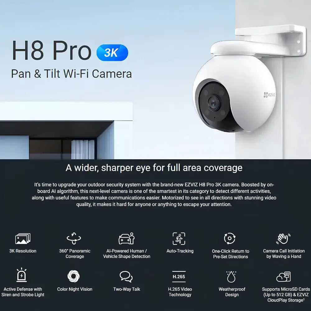 EZVIZ H8 Pro 3K 5MP Outdoor Pan/Tilt Wi-Fi Security Camera with Color Night Vision - متجر TT Tab للتقنيات الحديثة