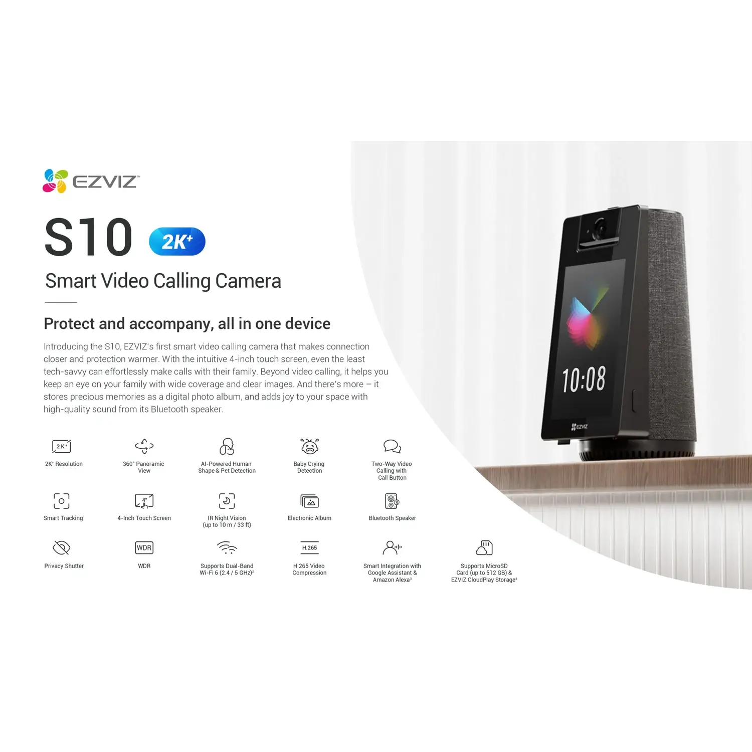 EZVIZ S10 2K+ Smart Video Calling Pan/Tilt Wi-Fi 6 Indoor Security Camera with Touchscreen - متجر TT Tab للتقنيات الحديثة