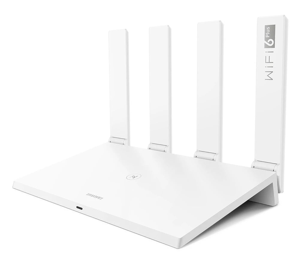 A white HUAWEI WiFi AX3 dual-core router with four external antennas.