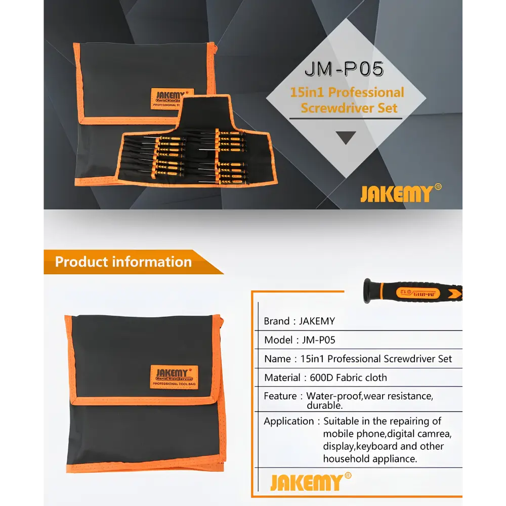 Jakemy JM-P05 15-in-1 Magnetic Precision Screwdriver Set with Storage Pouch - متجر TT Tab للتقنيات الحديثة