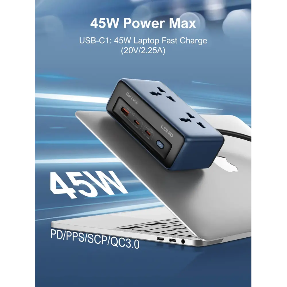 LDNIO SC1 45W GaN Desktop Power Strip with 2 Universal AC Outlets and USB-C & USB-A Charging - متجر TT Tab للتقنيات الحديثة