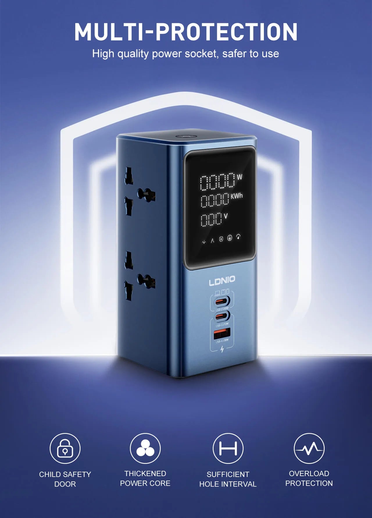 LDNIO SC2 45W Desktop LED Power Strip with 4 Universal AC Outlets, USB-C & USB-A Charging - متجر TT Tab للتقنيات الحديثة