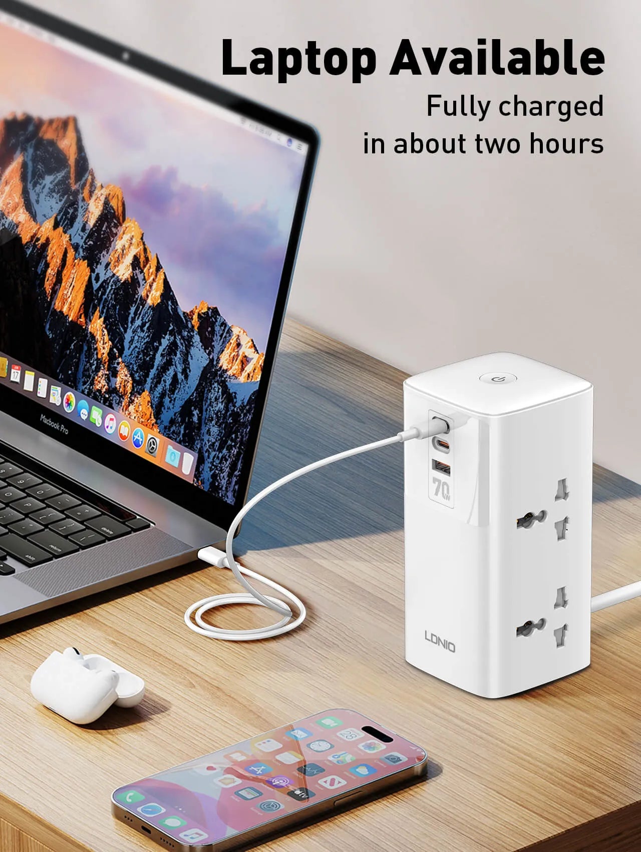 LDNIO SC4383 70W GaN Desktop Power Strip with 4 Universal AC Outlets and USB-C & USB-A Charging - متجر TT Tab للتقنيات الحديثة