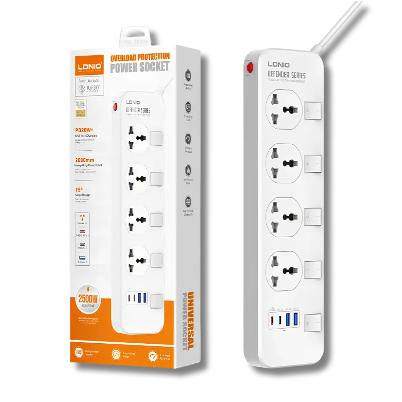 LDNIO SC4408C Power Strip with 4 Universal AC Outlets and USB-C & USB-A Charging and Individual Switches - متجر TT Tab للتقنيات الحديثة
