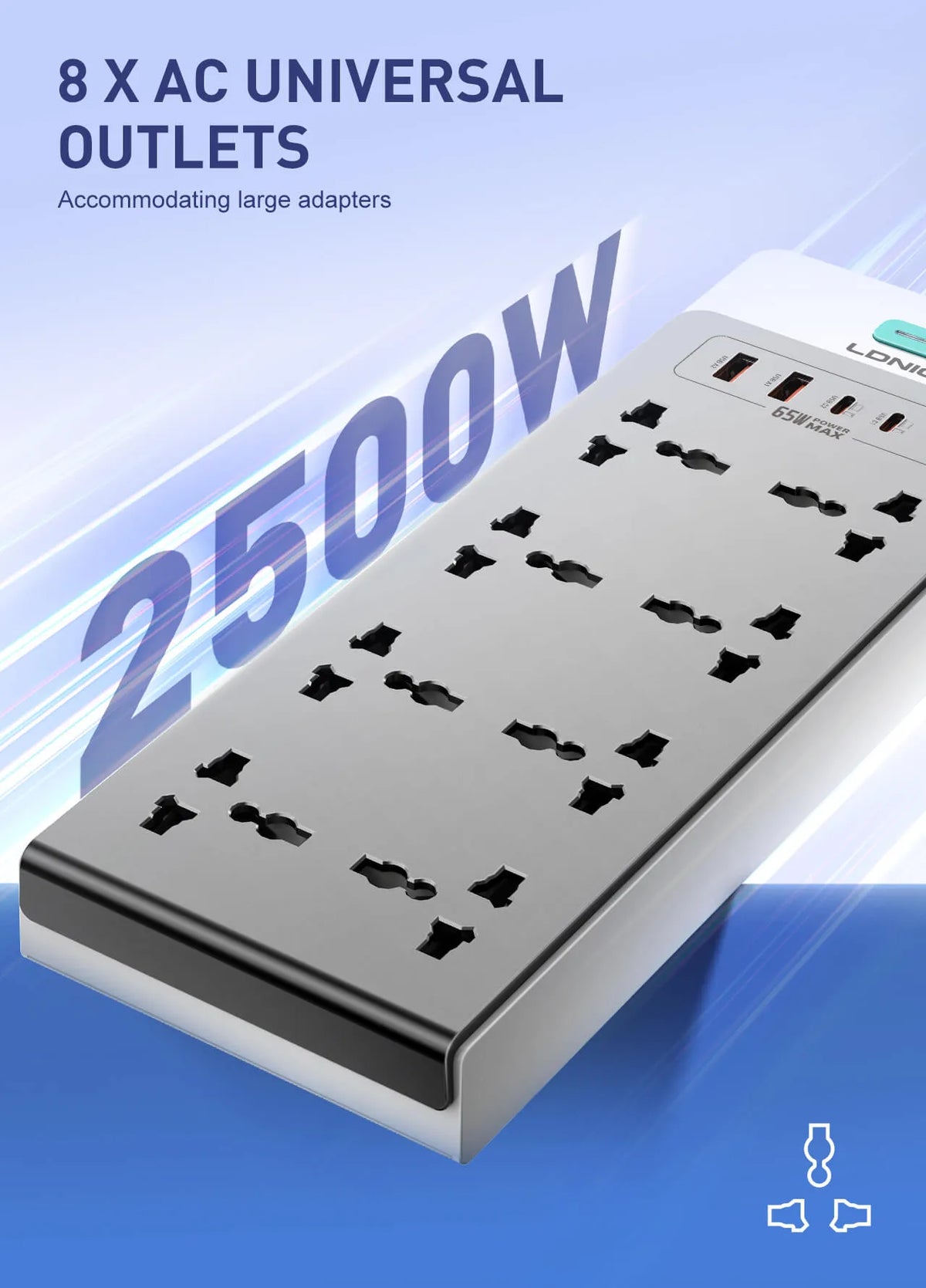 LDNIO SC4 65W GaN Desktop Power Strip with 8 Universal AC Outlets and USB-C, USB-A & Lightning Charging - متجر TT Tab للتقنيات الحديثة