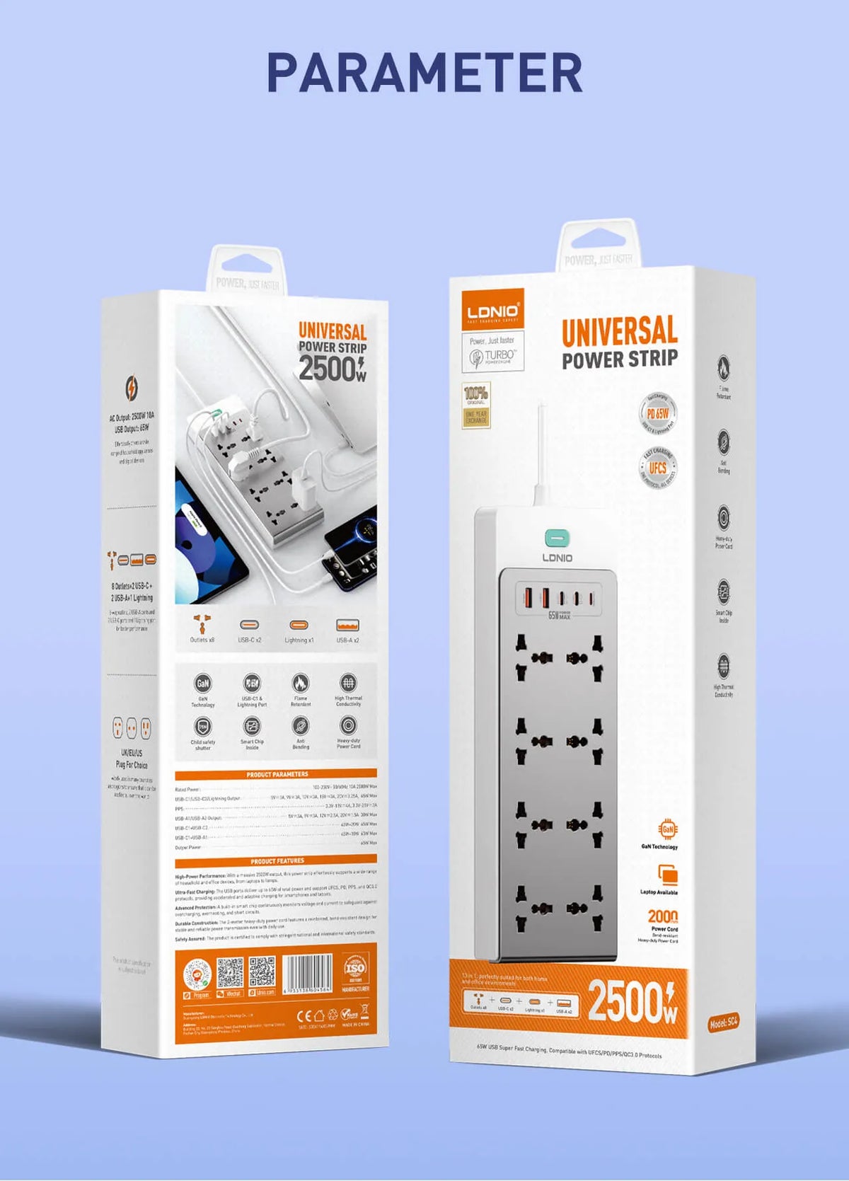 LDNIO SC4 65W GaN Desktop Power Strip with 8 Universal AC Outlets and USB-C, USB-A & Lightning Charging - متجر TT Tab للتقنيات الحديثة