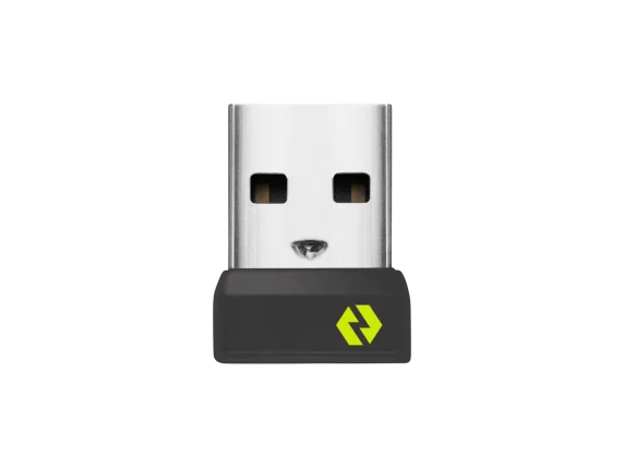 A Logitech Logi Bolt USB Receiver, showing a silver-colored USB receiver with a black base and the Logi brand logo on it.