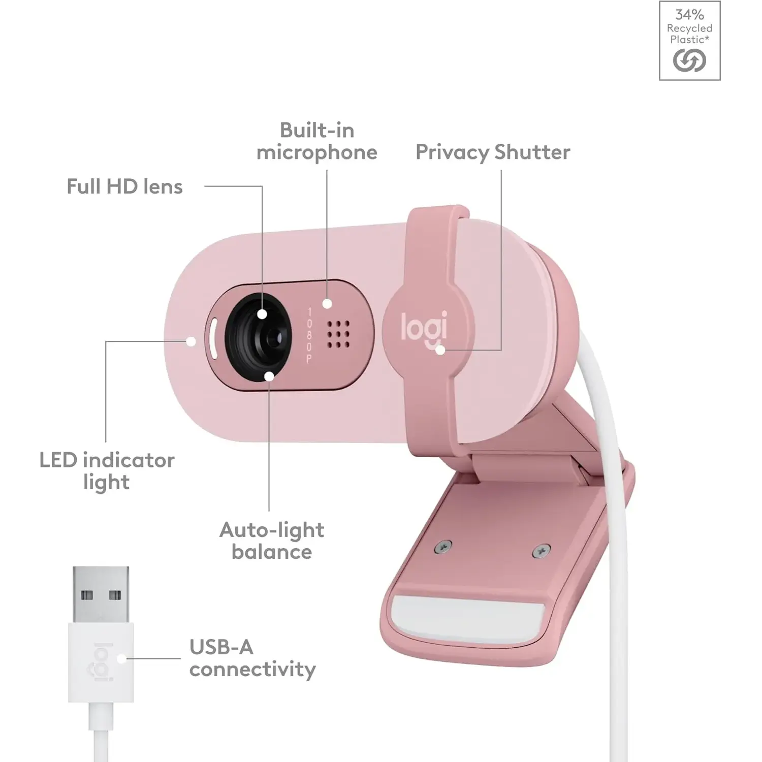 Logitech BRIO 100 Full HD 1080p Webcam with Auto-light Balance and Integrated Privacy Shutter