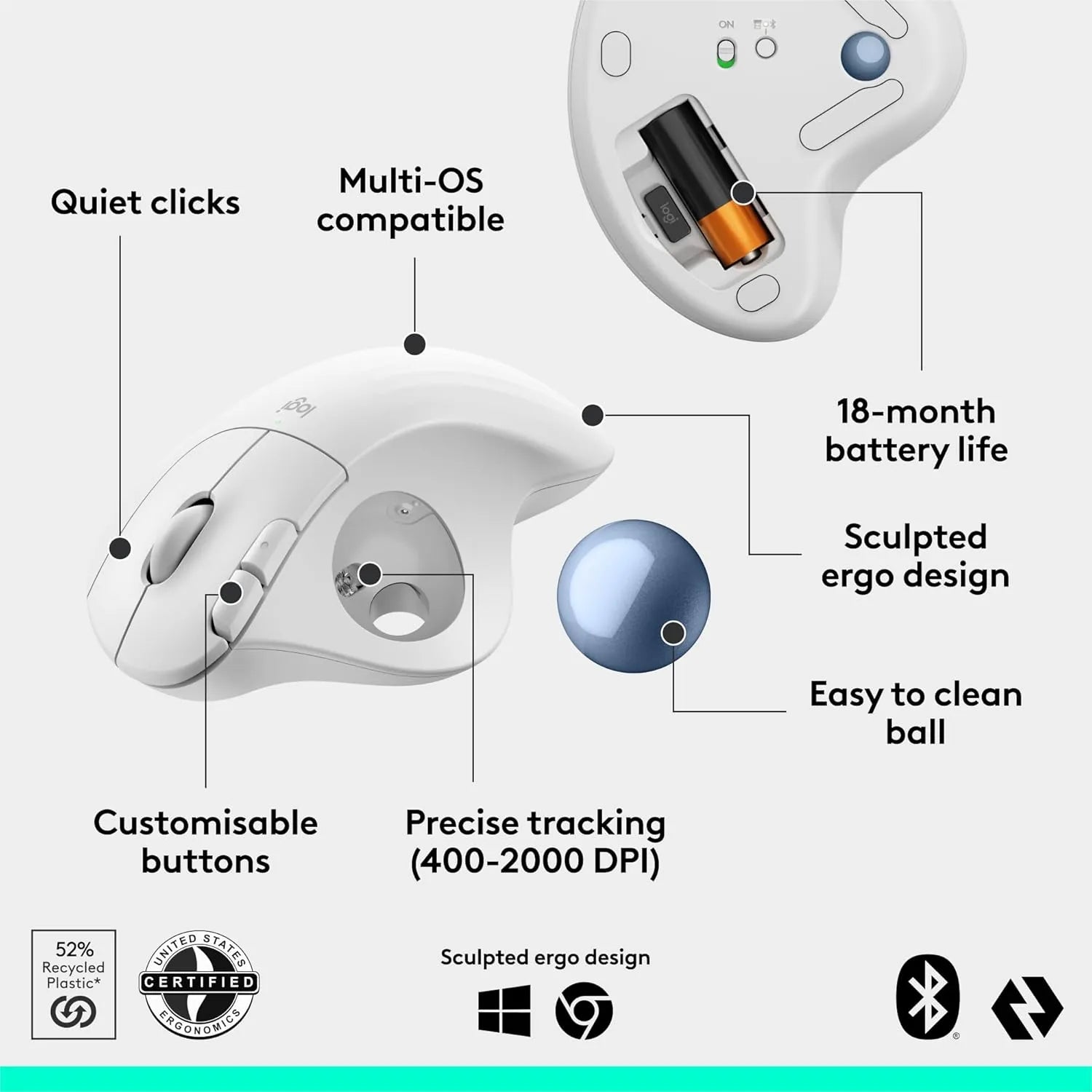 Logitech ERGO M575S Wireless and Bluetooth Mouse with Trackball