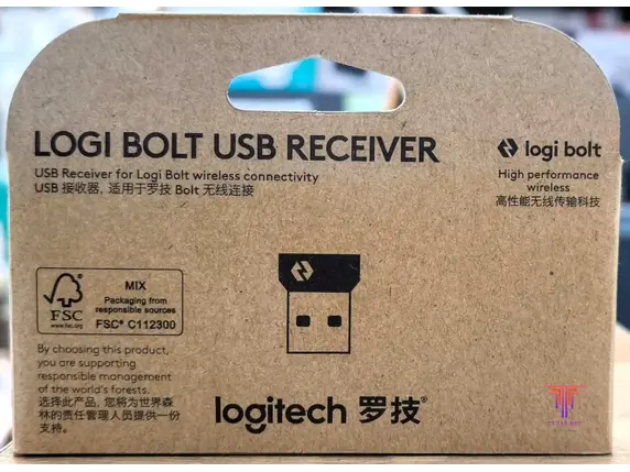 Logitech Bolt USB receiver packaging with branding and product details.