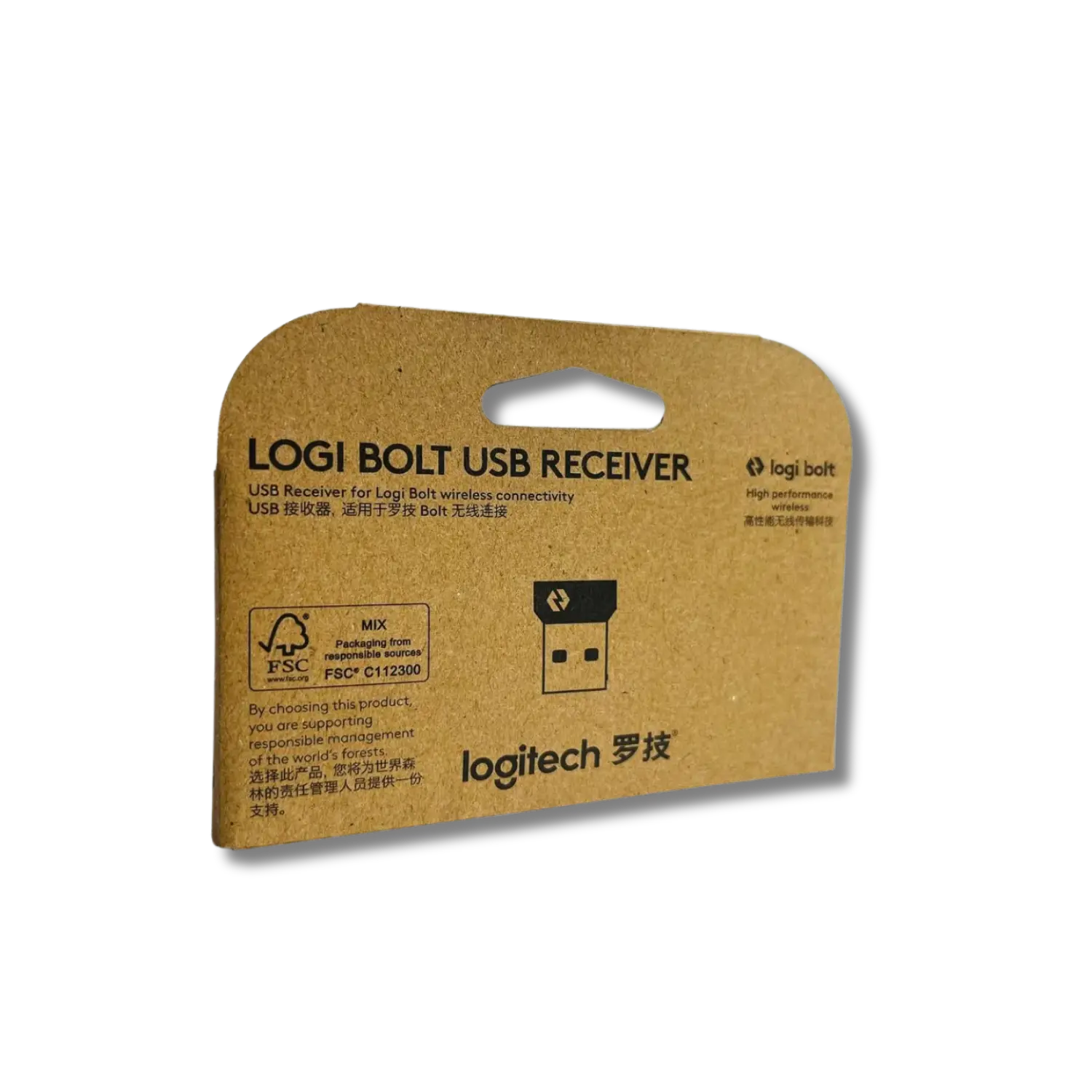 Logitech Bolt USB receiver packaging with branding and product details.