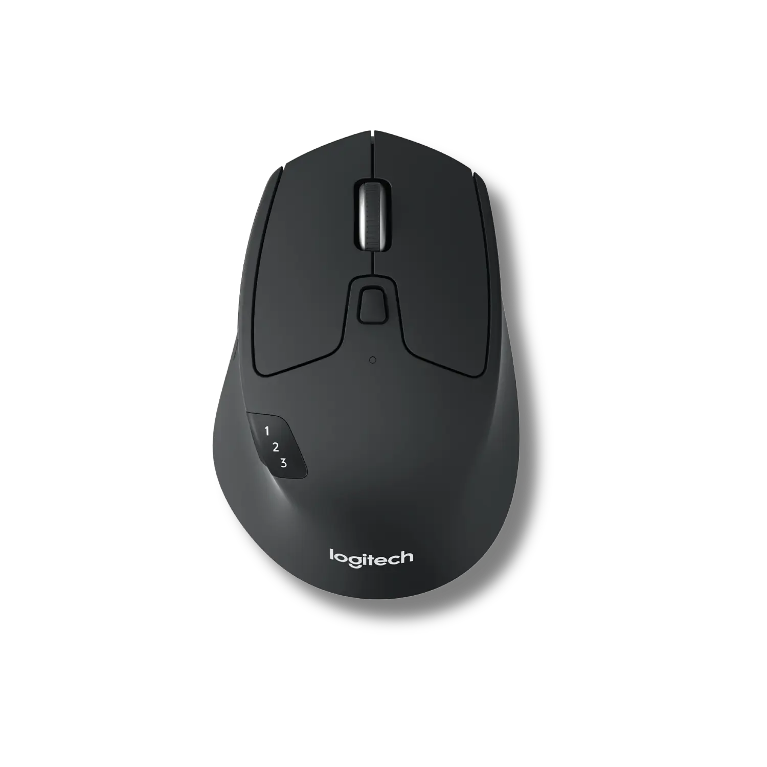 A black Logitech M720 Triathlon wireless Bluetooth mouse with a unifying USB adapter.
