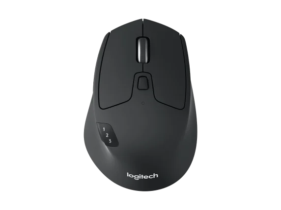 A black Logitech M720 Triathlon wireless Bluetooth mouse with a unifying USB adapter.