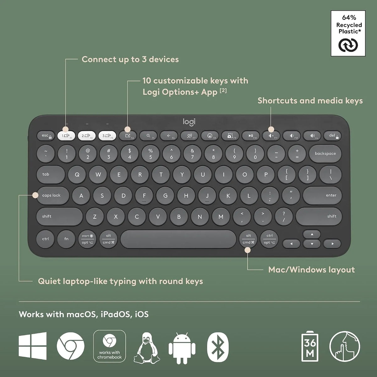 Logitech Pebble Keys 2 K380s Multi-Device Bluetooth Keyboard with Quiet Low-Profile Keys - متجر TT Tab للتقنيات الحديثة