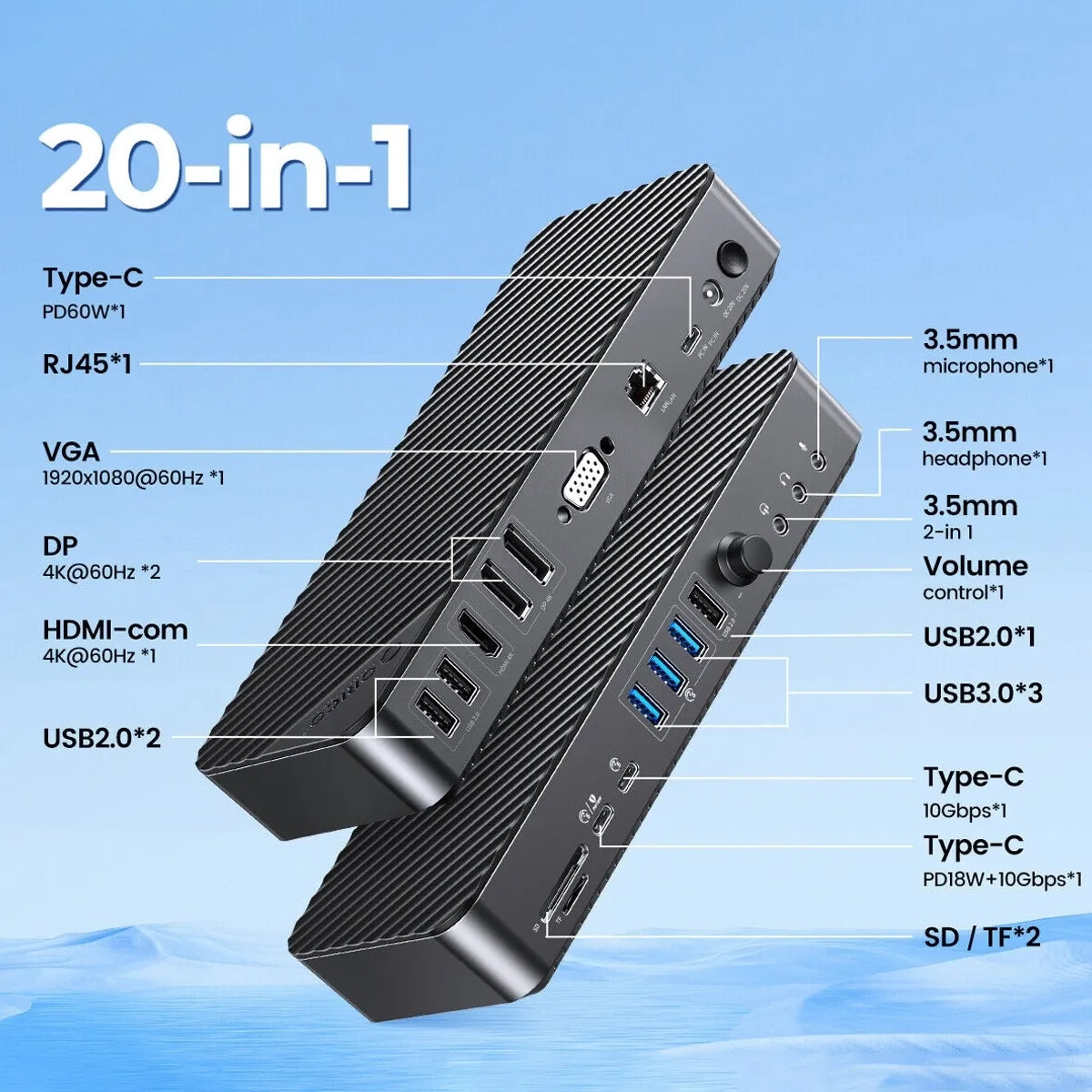 ORICO DKA20‑V1 20‑in‑1 USB‑C Docking Station 10Gbps Triple Display 4K@60Hz PD 60W - متجر TT Tab للتقنيات الحديثة
