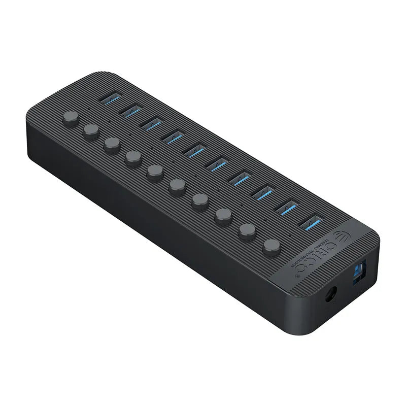 Black USB hub with multiple ports on a white background