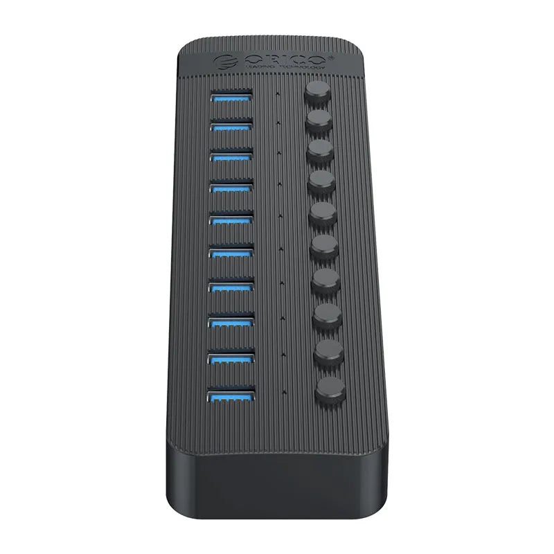 Black USB hub with multiple ports on a white background