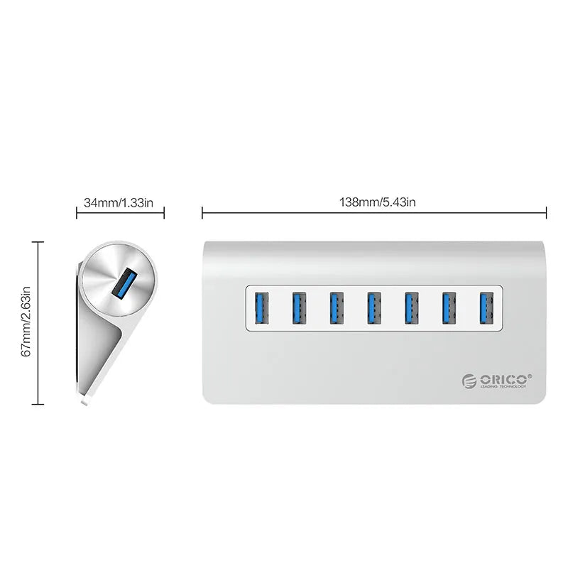 Orico Aluminum M3H7-V1 7-Port USB3.0 HUB with 1m Data Cable - متجر TT Tab للتقنيات الحديثة