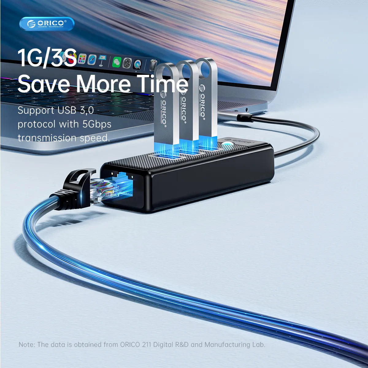 ORICO network adapter with USB 3.0 cable on a light blue background