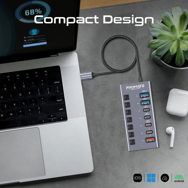 Promate GegaHub-10G 7-in-1 High Speed Multi-Ports 10Gbps Data & Charging Hub - متجر TT Tab للتقنيات الحديثة