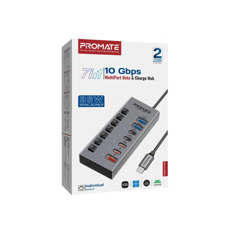 Promate GegaHub-10G 7-in-1 High Speed Multi-Ports 10Gbps Data & Charging Hub - متجر TT Tab للتقنيات الحديثة