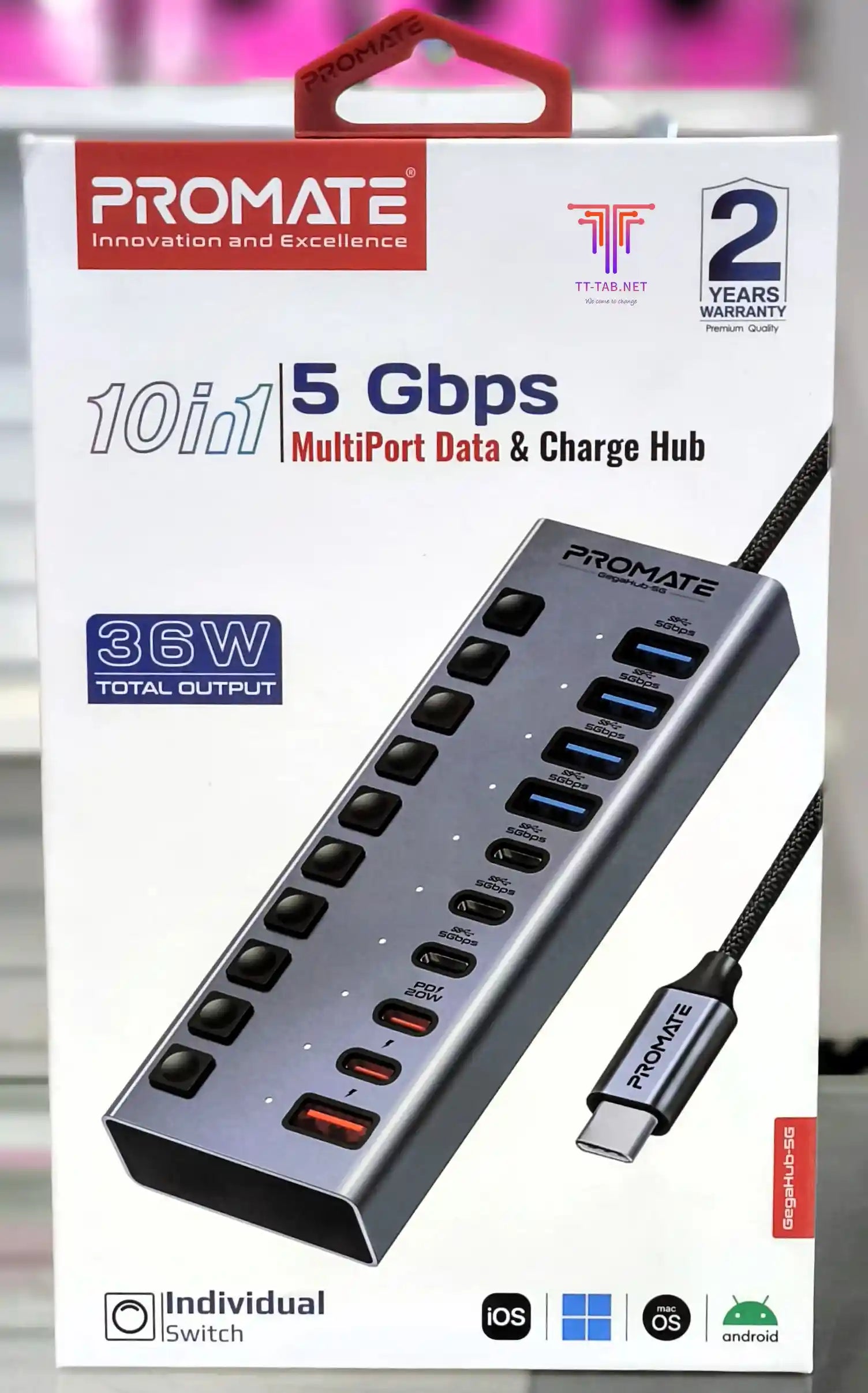 Promate GegaHub-5G USB HUB 10X1 Type-A/C with charging ports - للتقنيات الحديثة TT TAB متجر