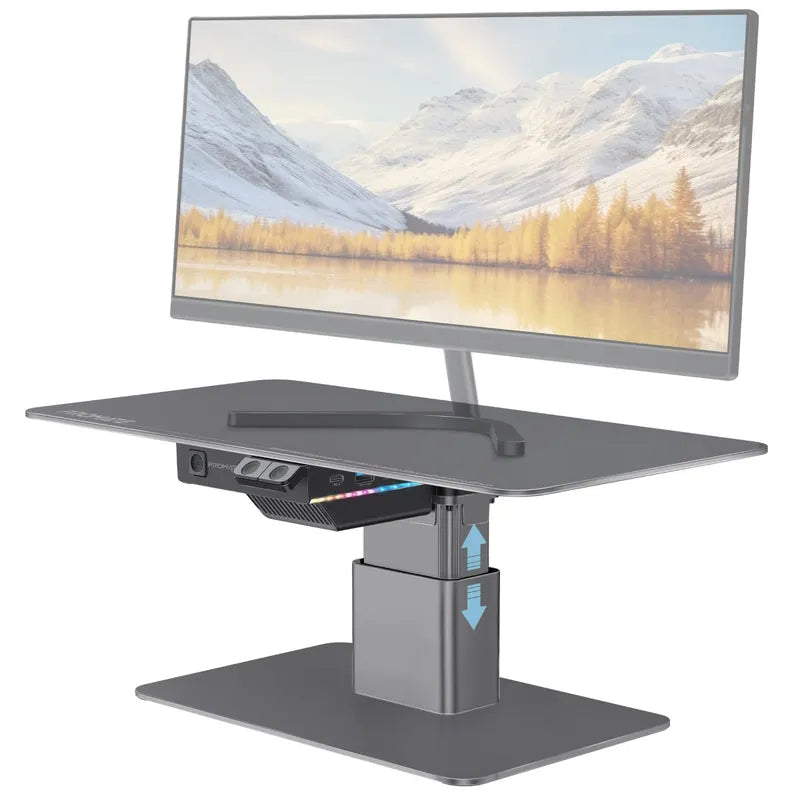 A motorized ergonomic monitor and laptop stand with a built-in USB hub. The stand is adjustable and has a modern design with a matte finish.