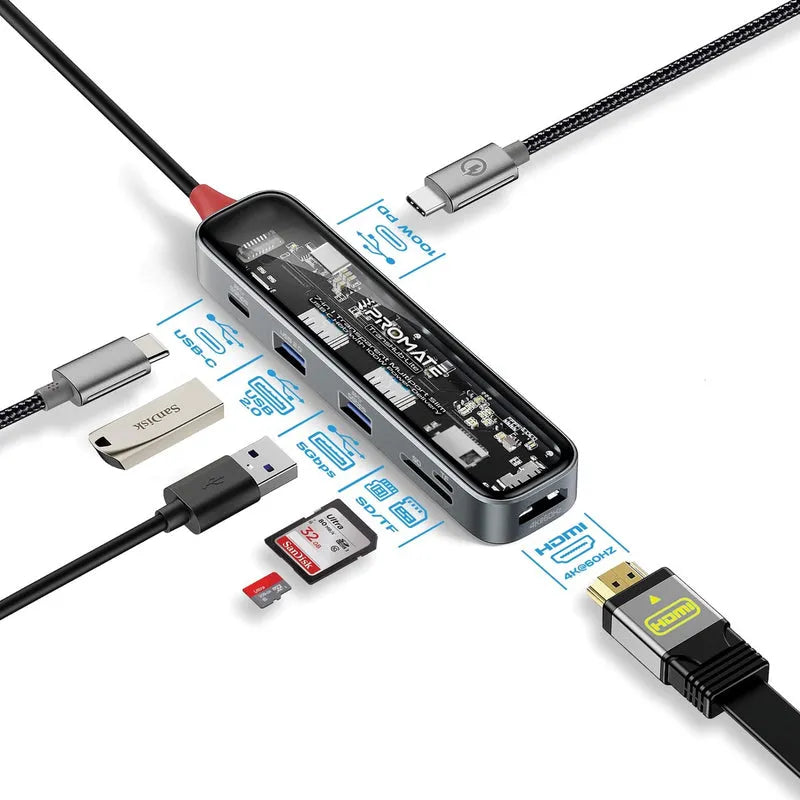 Promate TransHub-Lite USB-C Multiport Hub 7-in-1 with 100W PD