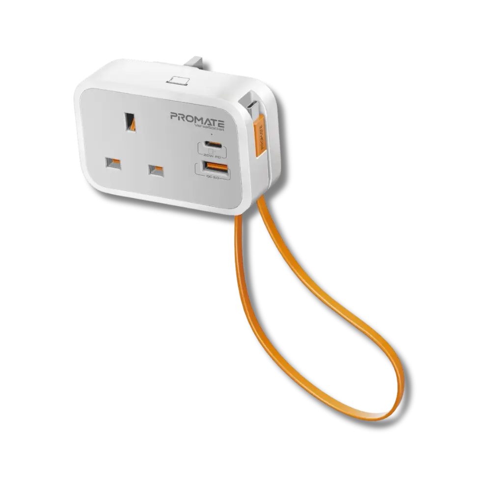 Promate VersaSocket 3250W UK Wall Socket Extender with 20W USB-C 18W & USB-A and Built-in USB-C Cable - متجر TT Tab للتقنيات الحديثة