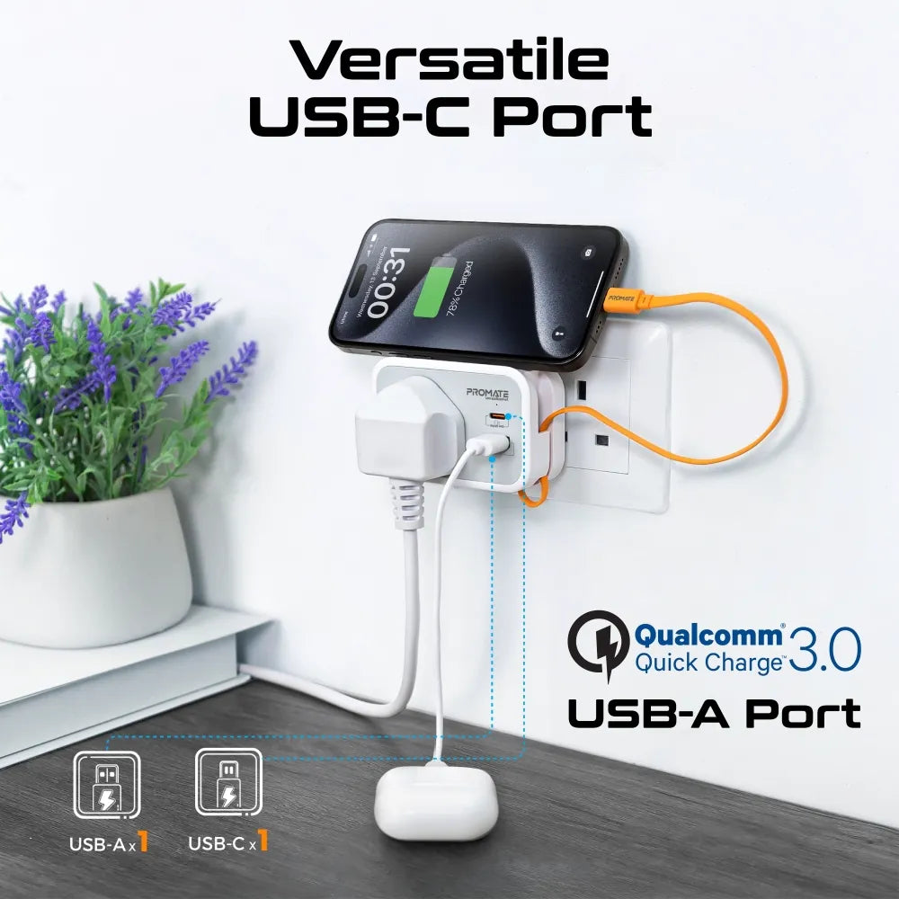Promate VersaSocket 3250W UK Wall Socket Extender with 20W USB-C 18W & USB-A and Built-in USB-C Cable - متجر TT Tab للتقنيات الحديثة