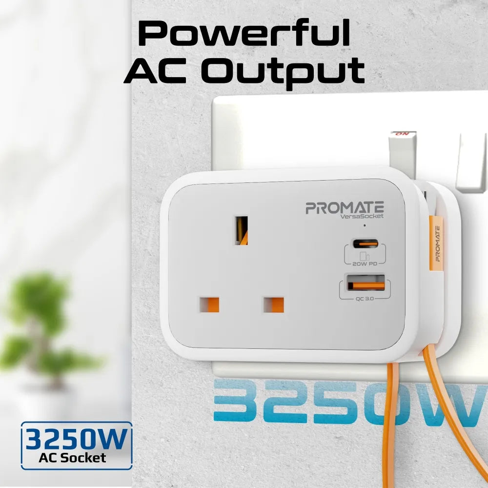 Promate VersaSocket 3250W UK Wall Socket Extender with 20W USB-C 18W & USB-A and Built-in USB-C Cable - متجر TT Tab للتقنيات الحديثة