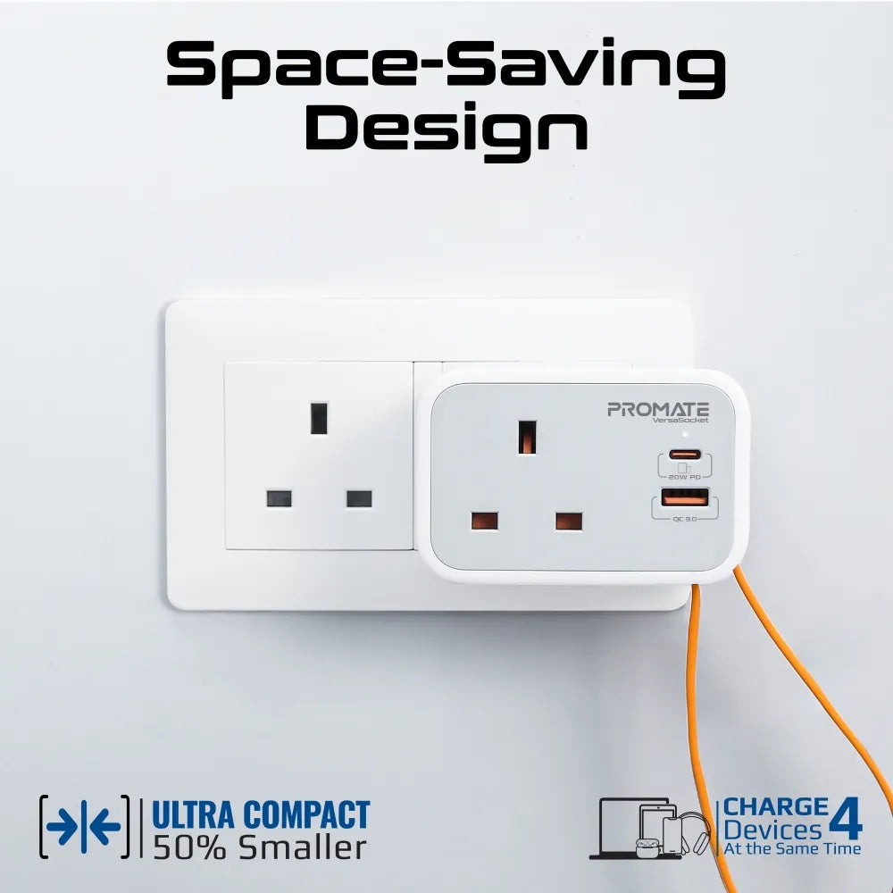 Promate VersaSocket 3250W UK Wall Socket Extender with 20W USB-C 18W & USB-A and Built-in USB-C Cable - متجر TT Tab للتقنيات الحديثة