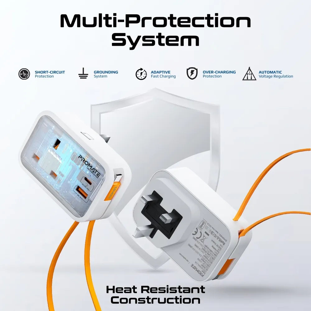 Promate VersaSocket 3250W UK Wall Socket Extender with 20W USB-C 18W & USB-A and Built-in USB-C Cable - متجر TT Tab للتقنيات الحديثة