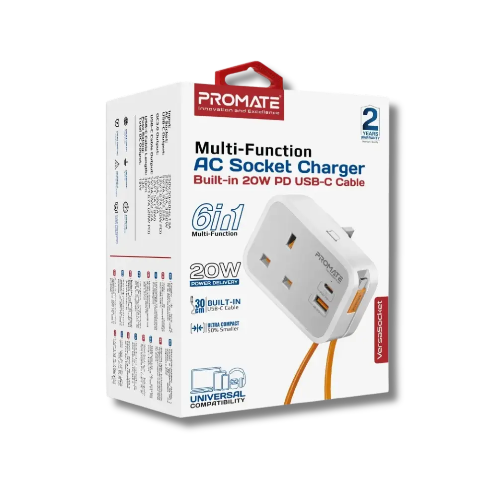 Promate VersaSocket 3250W UK Wall Socket Extender with 20W USB-C 18W & USB-A and Built-in USB-C Cable - متجر TT Tab للتقنيات الحديثة
