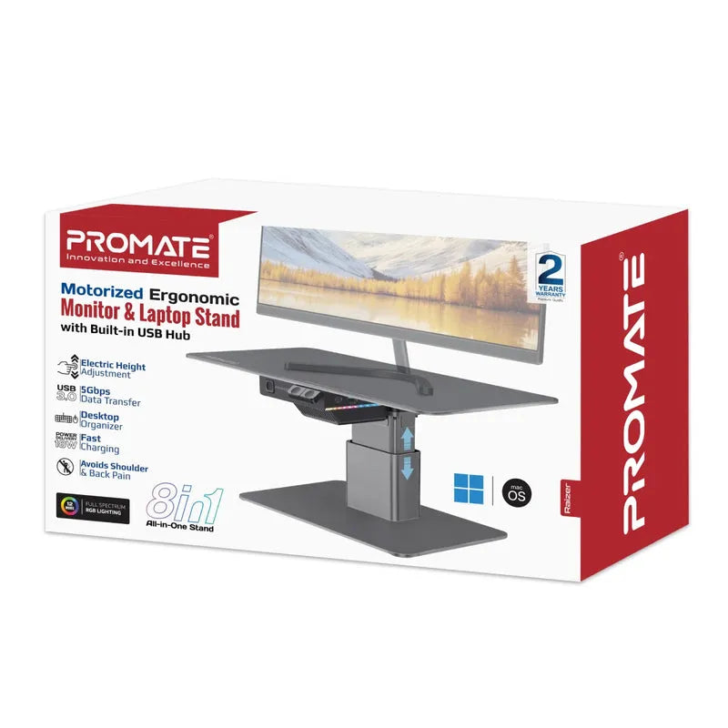 Promate Raizer Motorized Ergonomic Monitor & Laptop Stand with Built-In USB Hub