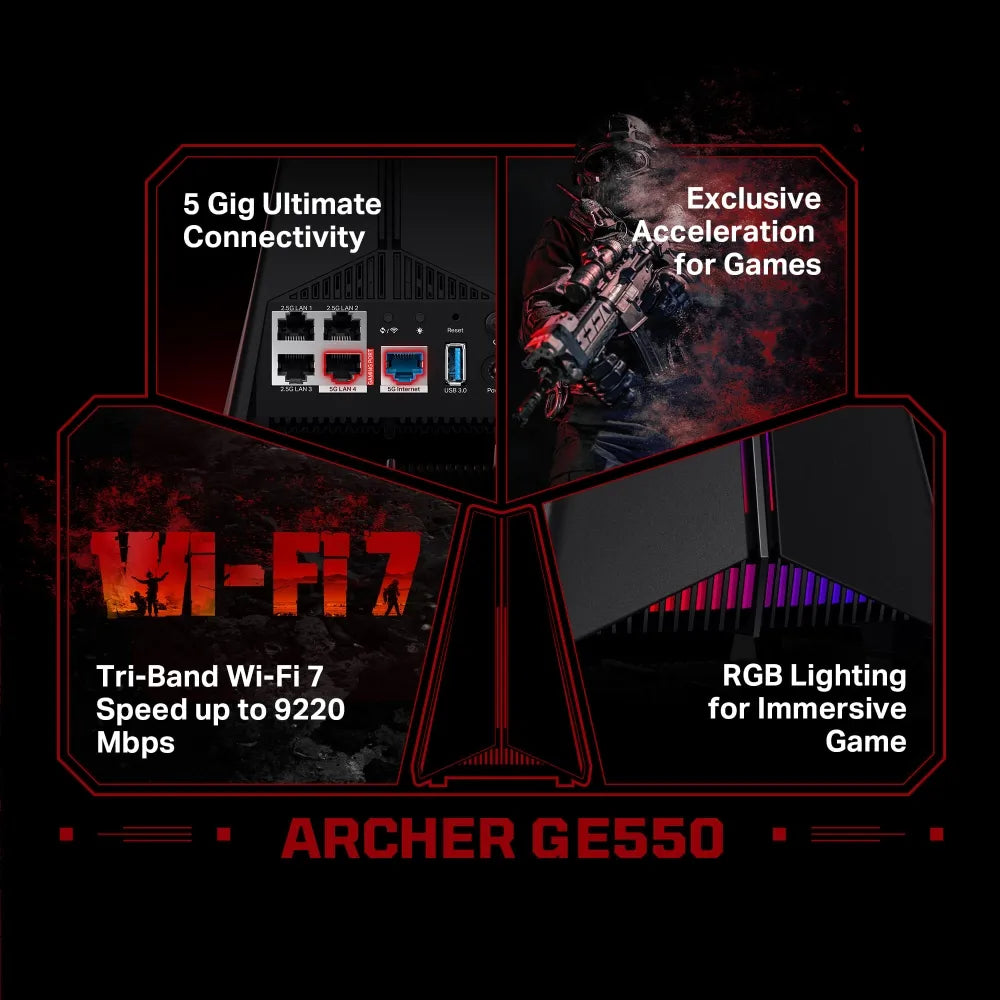 TP-Link Archer GE550 BE9300 Tri-Band Wi-Fi 7 Gaming Router with RGB