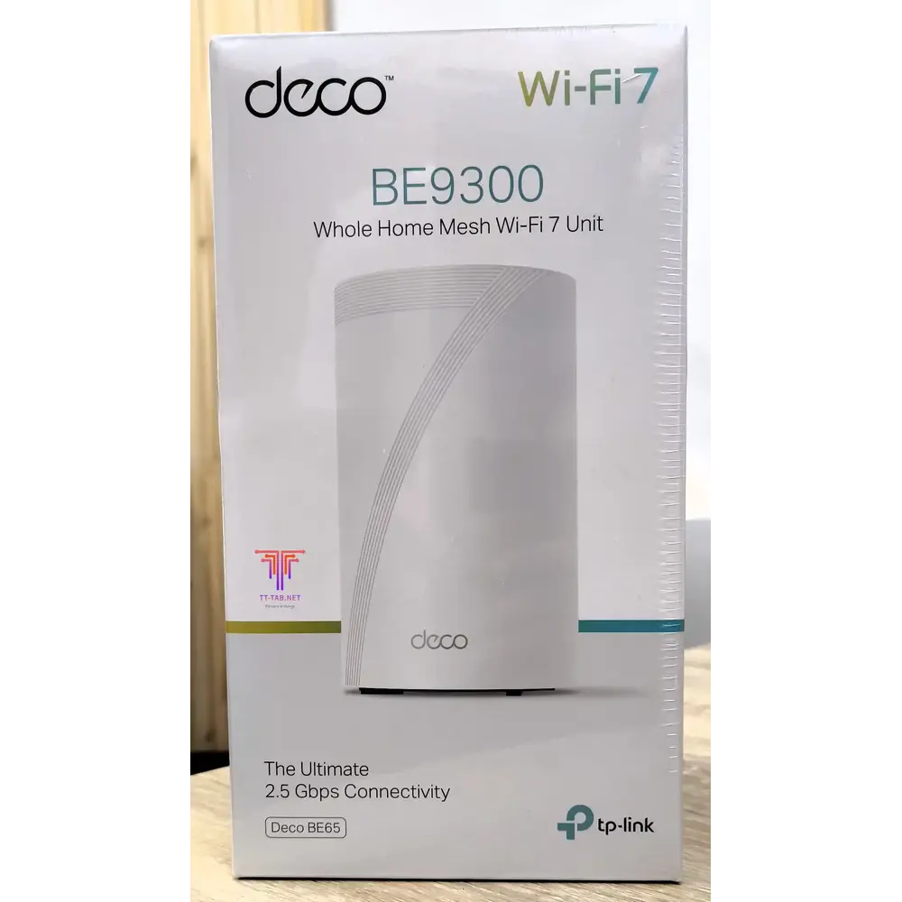 TP-Link Deco BE9300 Wi-Fi 7 router packaging on a wooden surface