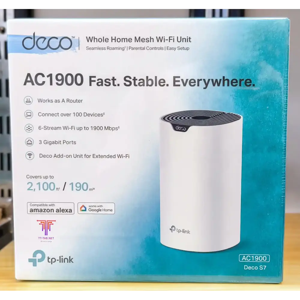 TP-Link Deco S7 Whole Home Mesh Wi-Fi Unit packaging on a wooden surface