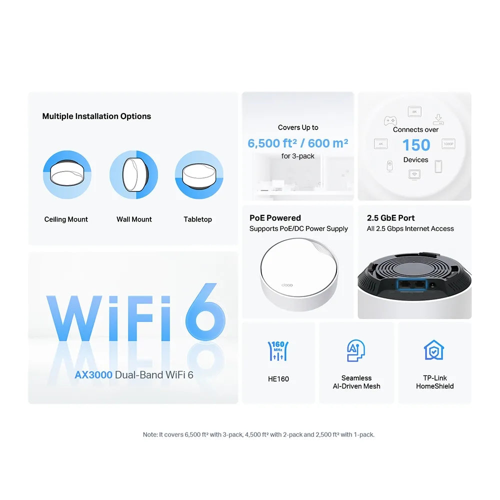 TP-Link Deco X50-PoE AX3000 1-Pack Whole Home Mesh WiFi 6 System with PoE