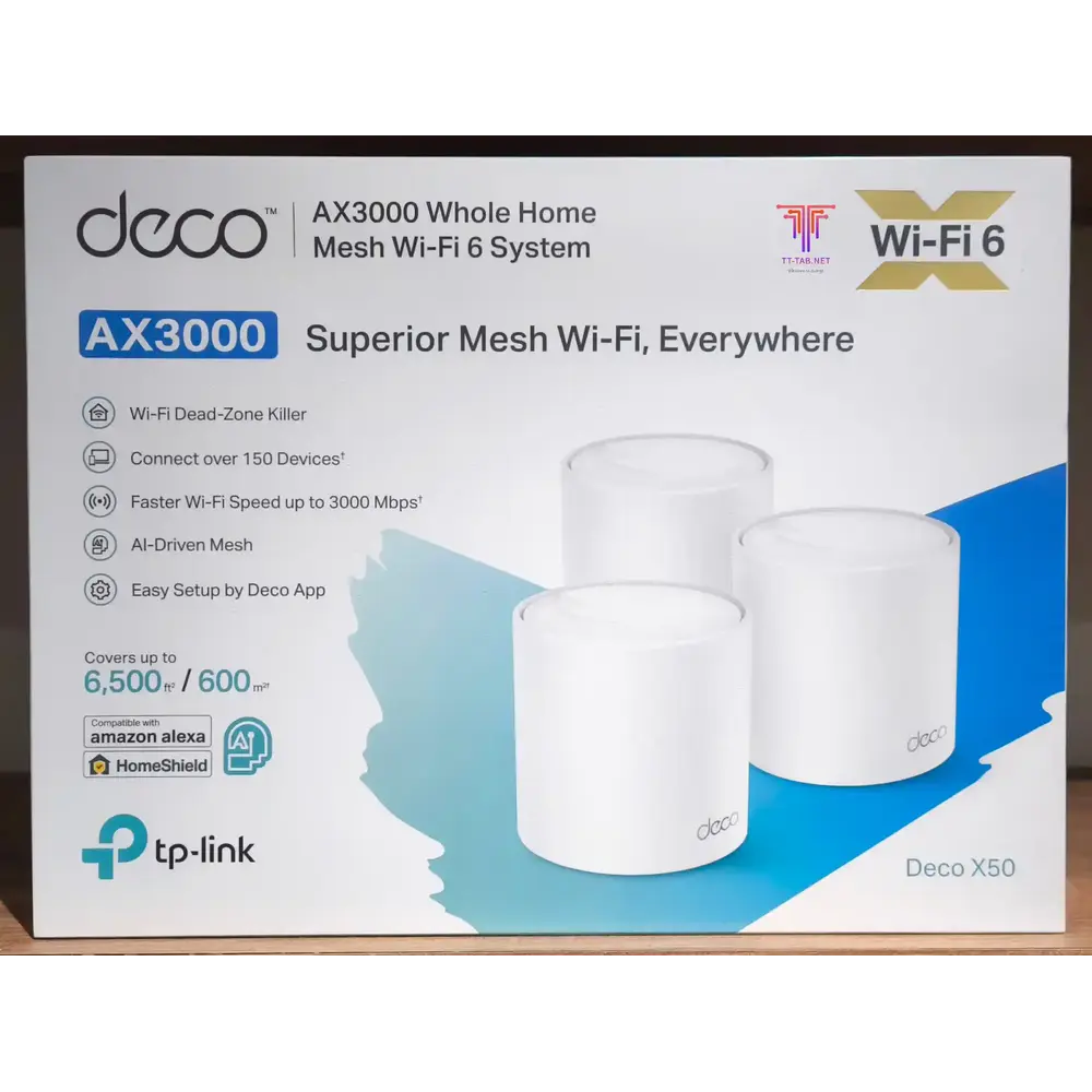 TP-Link Deco X50 AX3000 Whole Home Mesh Wi-Fi 6 System packaging on a white background