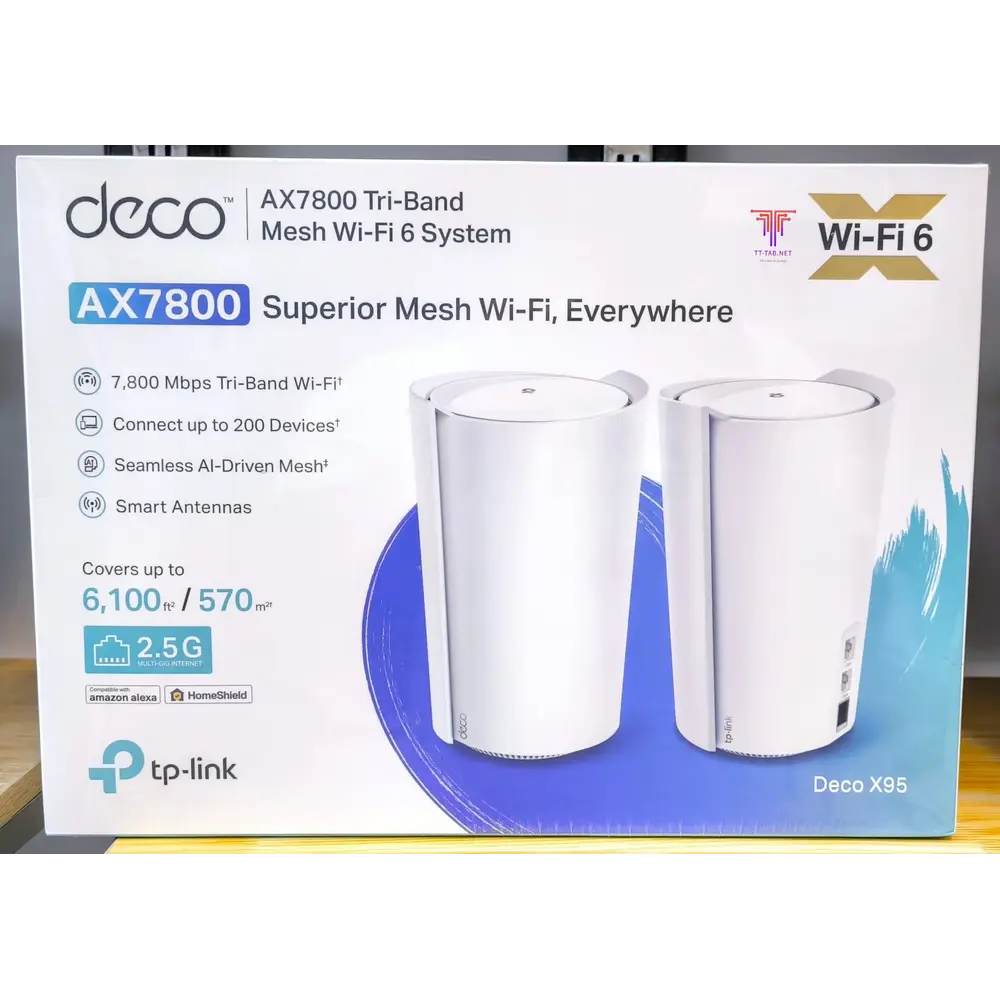 TP-Link Deco X95 mesh Wi-Fi system packaging with two routers on a white background