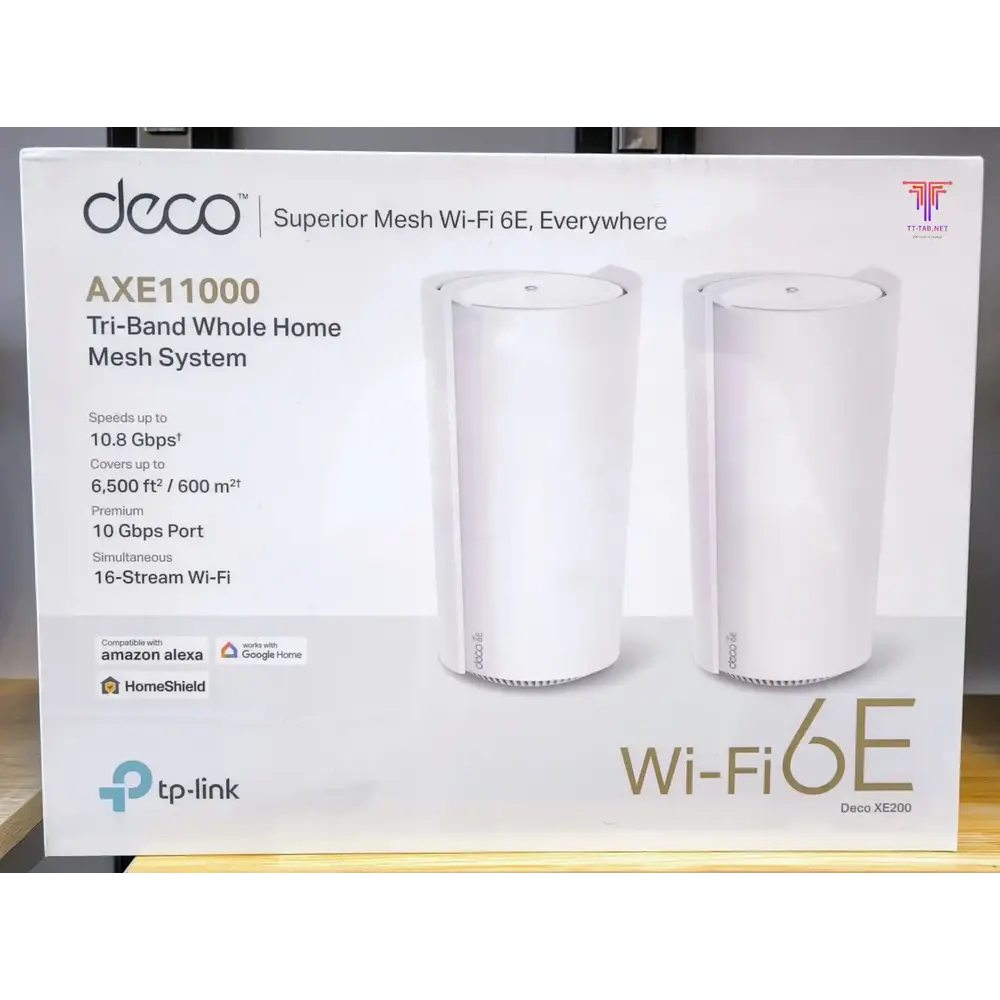TP-Link Deco AXE11000 mesh Wi-Fi system packaging on a white background
