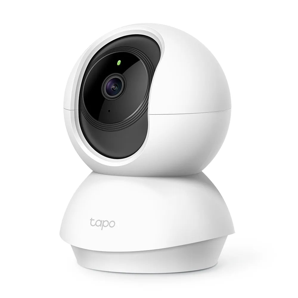 TP-Link Tapo C210 Pan/Tilt Home Security Wi-Fi Camera in white color with a spherical shape, featuring a lens and control buttons.