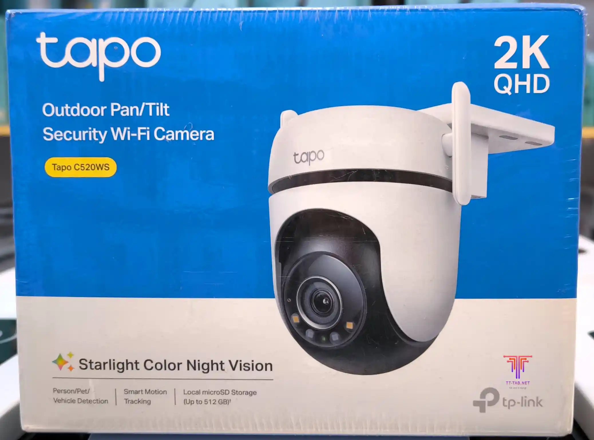 TaPO outdoor pan/tilt security Wi-Fi camera packaging with blue and white design.