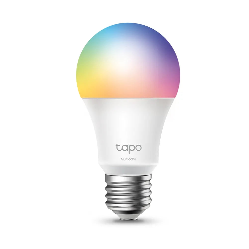 TP-Link Tapo L530E Smart Wi-Fi Multicolor Light Bulb with a white base and multicolored top, displaying a range of colors.