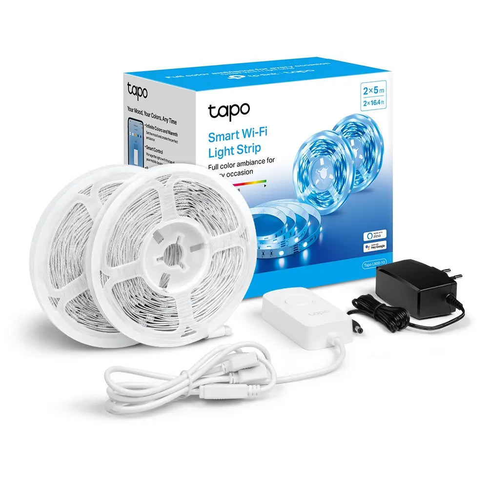 TP-Link Tapo L900-10 Smart Wi-Fi Light Strip packaging box with the light strip displayed in front and the control unit attached.
