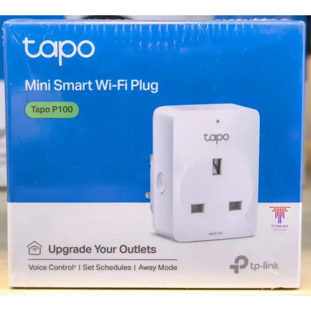 TP-Link Tapo P100 mini smart Wi-Fi plug packaging on a blue background