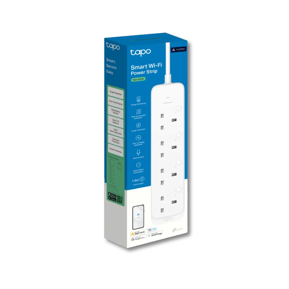 TP-Link Tapo P304M Matter Smart Wi-Fi Power Strip with 4 UK Outlets and Individual On/Off Switches - Individual Outlet Control
